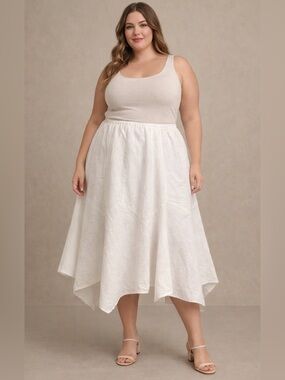 Any Wear by Catherines Linen Cotton Blend White Full Skirt Asymmetrical Hem 4X
